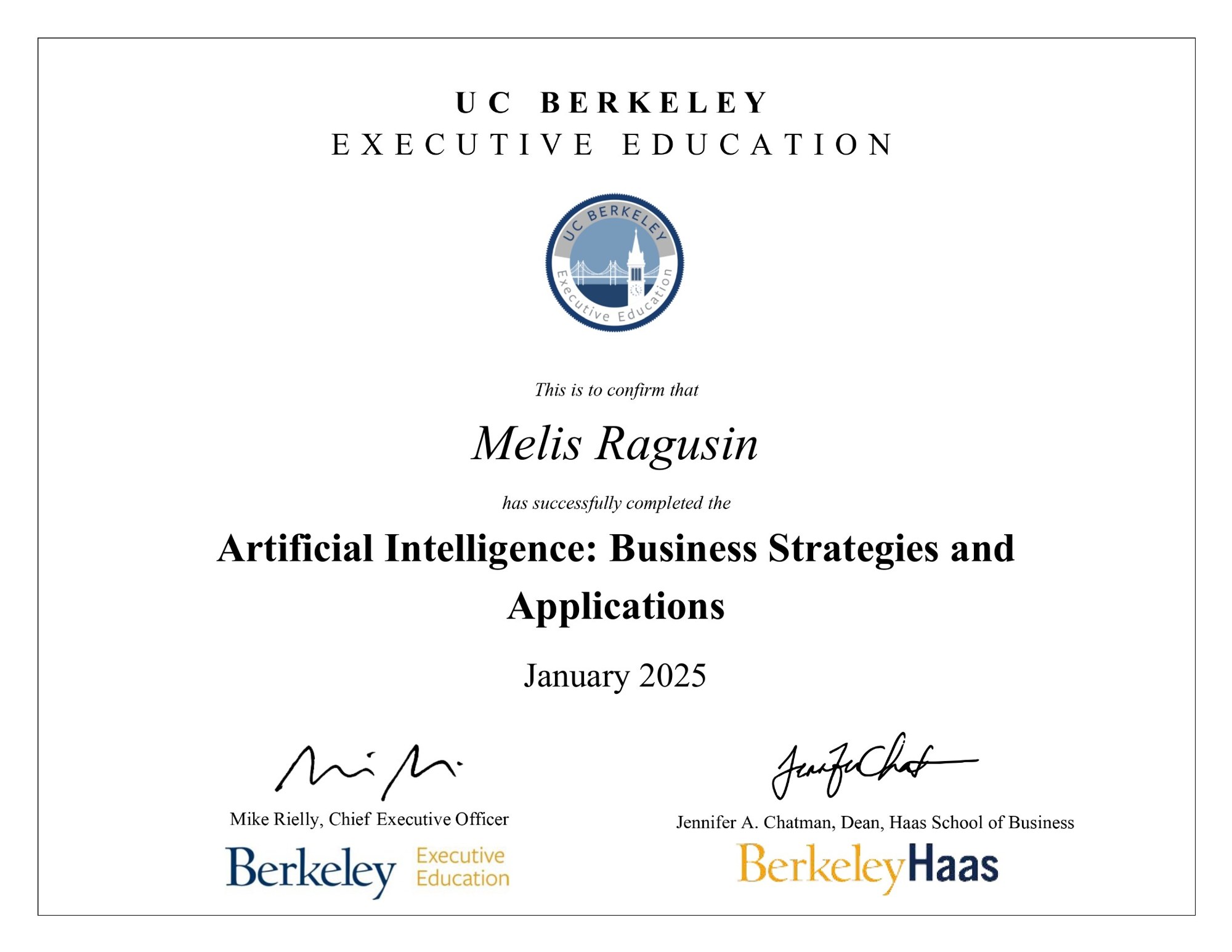UC Berkeley Executive Education certificate, Artificial Intelligence: Business Strategies and Applications